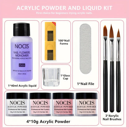 Acrylic Nail Kit NOCIS Four 10g Light Neutral Powders with Liquid Monomer, Three Brushes, File and Mixing Cup