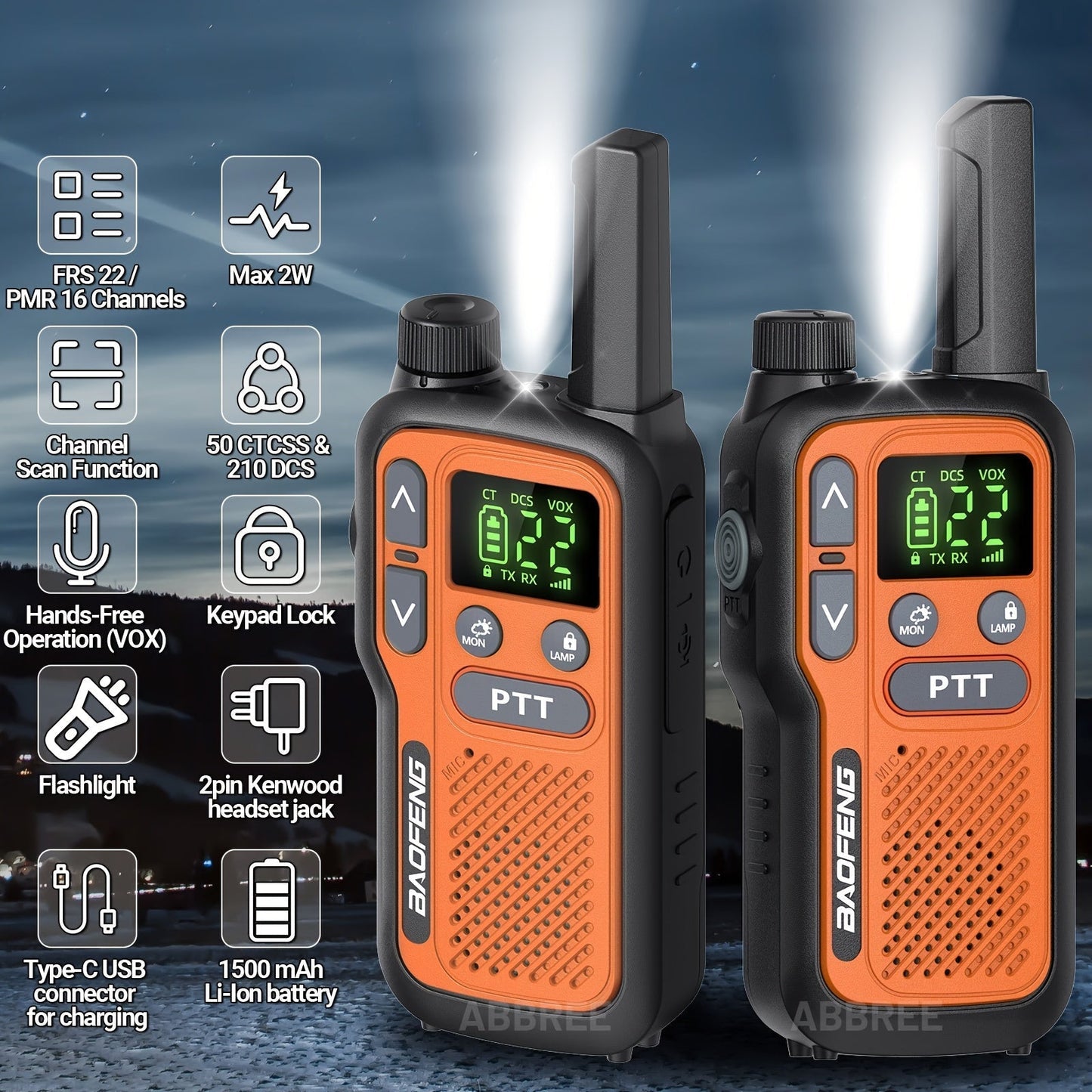 Long Range Walkie Talkies for Adults, BAOFENG 22 FRS Channels LCD Display VOX Hands-Free, USB-C Rechargeable Li-ion Battery, 2-3 Mile Range