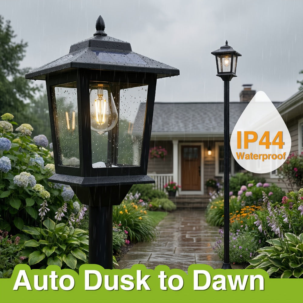 Solar Garden Light HOODINK Black Lamp Post 2-Pack with Solar Panel, Automatic Light Sensor and Freestanding Pole Installation