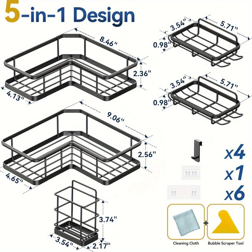 Corner Shower Caddy 5 Pack with Soap Holder & 4 Removable Hooks – Rustproof No Drill Shower Shelf Organizer for Inside Shower