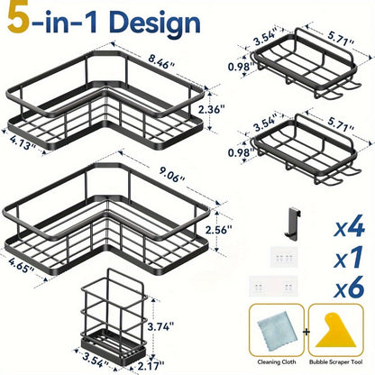 Corner Shower Caddy 5 Pack with Soap Holder & 4 Removable Hooks – Rustproof No Drill Shower Shelf Organizer for Inside Shower
