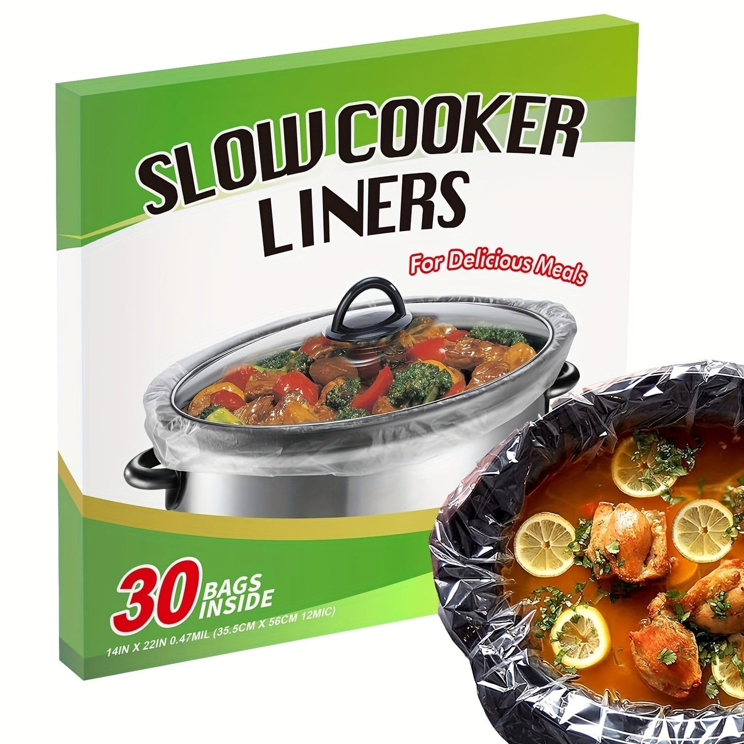 Slow Cooker Liners 14x22 Inch Disposable Cooking Bags 30 Count Fit 6 to 10 Quart Oval for Home Cooking, Dining and Outdoor Meals