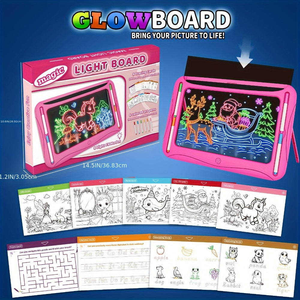 LED Light Up Drawing Board for Kids, 9 Double-Sided Tracing Cards 6 Markers Glow Doodle Travel Art Toy for Girls Boys Ages 3-8