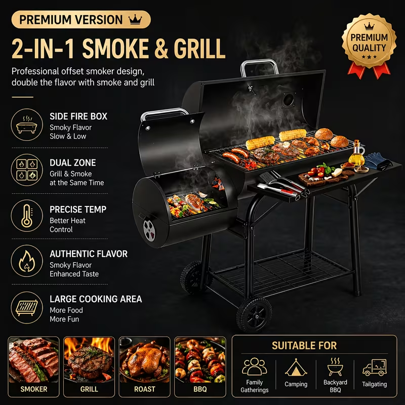 Barrel Charcoal Grill with Offset Smoker, Wheeled Cart, Side Firebox and Two Black Configuration Options