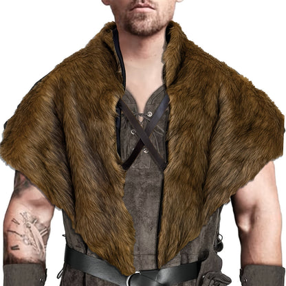 Viking Wolf Fur Cloak & Medieval Mantle with Crossed Chest Straps – Faux Fur Shoulder Wrap for Men & Women