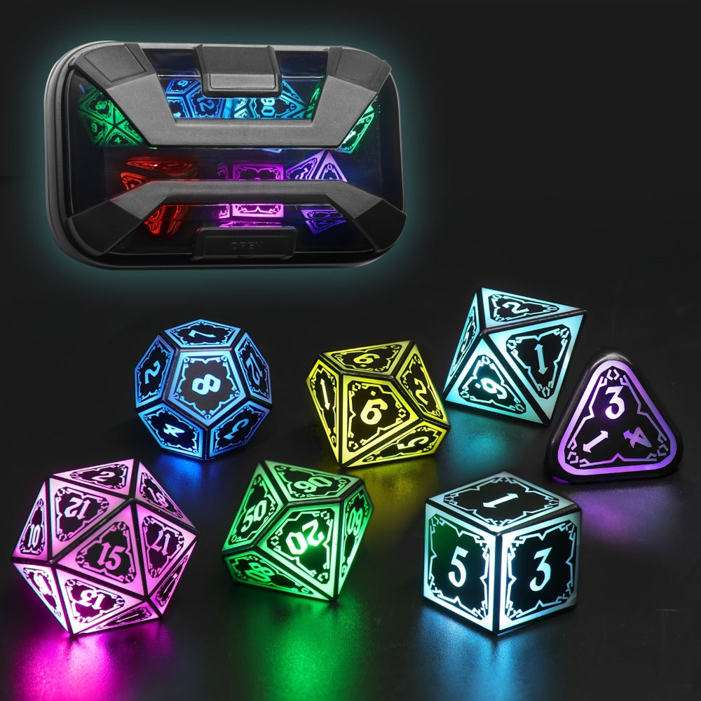 RGB LED DND Dice Set Rechargeable 7pcs, Illuminated Polyhedral Dice with Type-C Charging Case for D&D RPG Tabletop Games