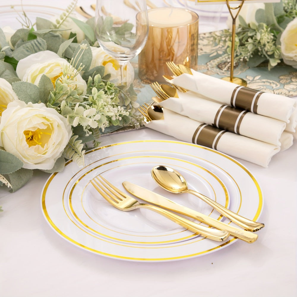 Gold Plastic Plates Disposable Dinnerware Set 350pcs, 50 Dinner Plates, 50 Dessert Plates, 50 Gold Rim 9oz Cups & 50 Gold Cutlery Sets
