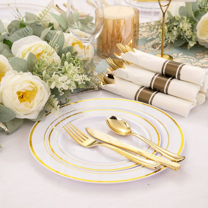 Gold Plastic Plates Disposable Dinnerware Set 350pcs, 50 Dinner Plates, 50 Dessert Plates, 50 Gold Rim 9oz Cups & 50 Gold Cutlery Sets