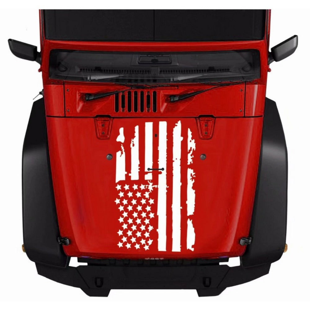 Distressed American Flag Hood Vinyl Decal, 35.4 × 19.7 Inches in Black or Transparent-Base Black