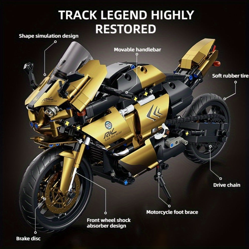 1000PCS Motorcycle Building Blocks 1:10 Scale DIY Black & Gold Motorbike Model Kit – Adult Collector Display Ornament