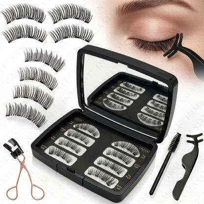 Eight-Piece Black Magnetic False Eyelash Kit with Rectangular Case, Applicator, Tweezers and Brush