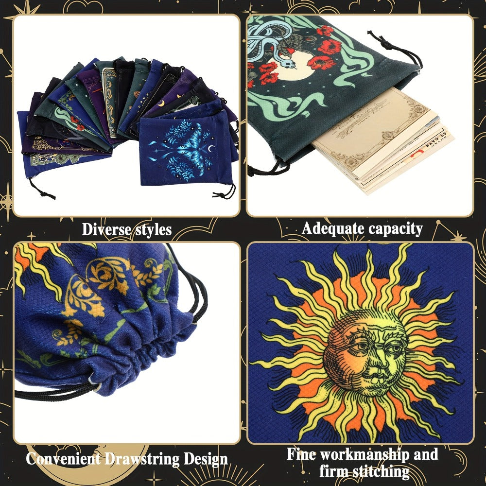 Velvet Tarot Card Bags 16 Pcs Mystical Drawstring Pouches 7.1x5.9 Inch – Dice Jewelry Storage Bag Set for Tarot Enthusiasts