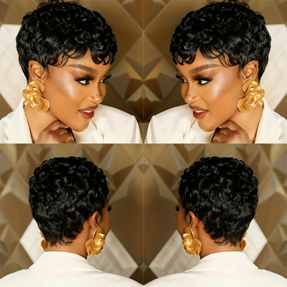 Wig Short Curly Pixie Bob in Natural Black, 6-Inch Human Hair with Bangs and Machine-Made Glueless Cap