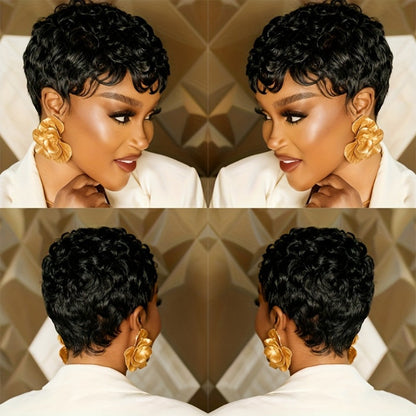 Wig Short Curly Pixie Bob in Natural Black, 6-Inch Human Hair with Bangs and Machine-Made Glueless Cap