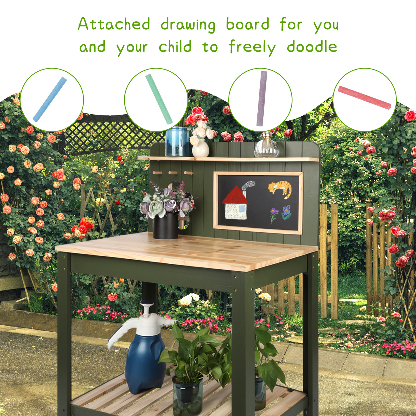 Potting Bench Table Cedar Wood Garden Workstation with Blackboard Removable Sink Hooks Double Shelf for Garden, Patio and Yard Use