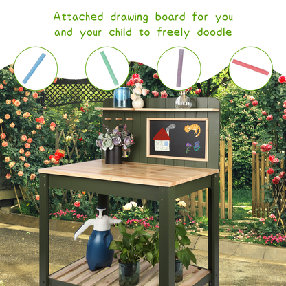 Potting Bench Table Cedar Wood Garden Workstation with Blackboard Removable Sink Hooks Double Shelf for Garden, Patio and Yard Use