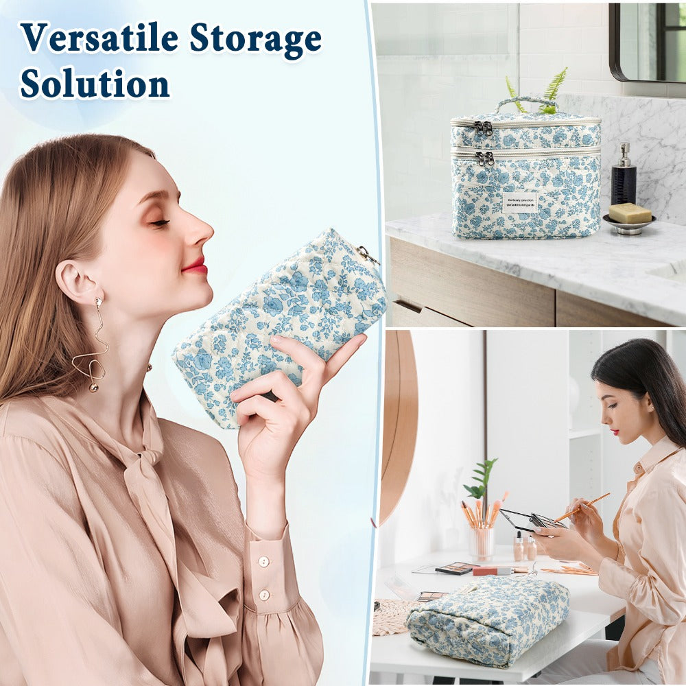 Quilted Floral Makeup Bag Set 3PCS Large Capacity Dual Layer Cotton Cosmetic Bags Coquette Aesthetic Travel Toiletry Organizer Gift
