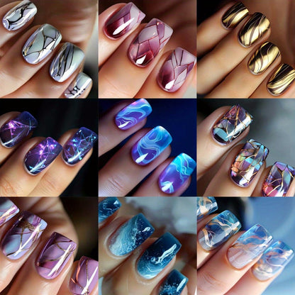 Press On Nails 215-Piece Short Square Nine-Pack Marble Brown Line Gradient Glossy Set with Glue