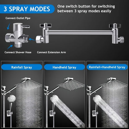 High Pressure Rainfall Shower Head Combo with Handheld Spray – 9 Spray Settings, 180° Adjustable Bracket, Stainless Steel Hose