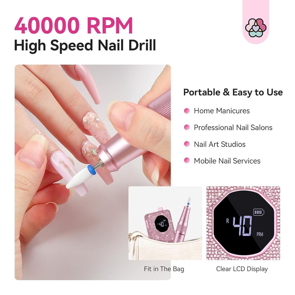 Electric Nail Drill 40000 RPM Rechargeable Professional Nail Drill Machine 4000mAh Battery LCD Display Ceramic Bits Sanding Bands
