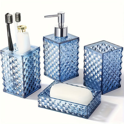 Bathroom Accessories Set 4-Piece Diamond Grid Plastic Organizer Soap Dispenser Toothbrush Holder Grey Blue Green