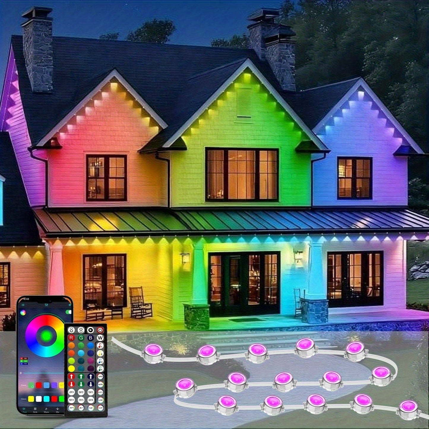 Permanent Outdoor Lights RGB LED Eave Lights with App & Remote Control, Music Sync, Timer, Triangular Lens Effect