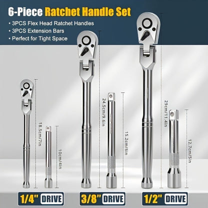 Three- or Six-Piece Flex-Head Ratchet Handle Set with 1/4, 3/8 and 1/2-Inch Drives and Extensions