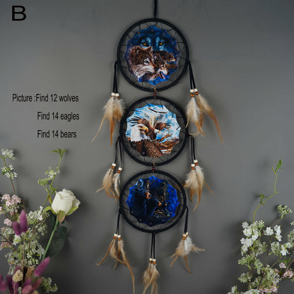 Wolf Dream Catcher Wall Decor with Three Printed Circles, Beads and Feather Accents in Two 6-Inch Styles