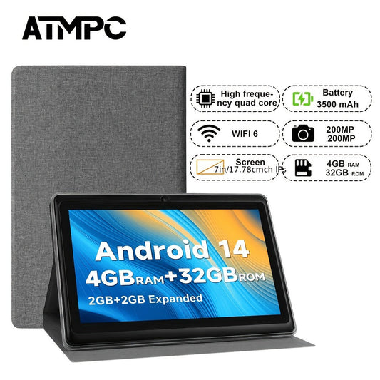 Android Tablet 7-Inch Gray with Android 14, 4GB Total RAM, 32GB Internal Storage and Bluetooth