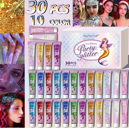 Face Body Glitter Gel Set 30 Pieces – Colorful Shapes Mermaid Sequin Stars Hearts, Transparent Gel Base, Skin-Safe Shimmer Makeup