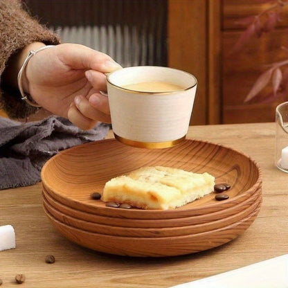 10pcs Wood Grain Dinner Plates Set – Round Striped Plastic Serving Trays for Home Kitchen Dessert Shop Restaurant