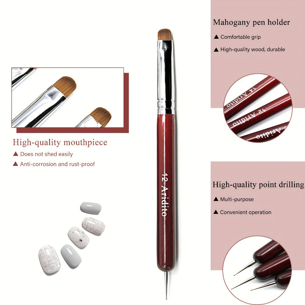 Acrylic Nail Art Brushes Set 4pcs with Dotting Pens – Red Wood Handle Precision Tips #10 #12 #14 #16 for French Manicure Nail Sculpting