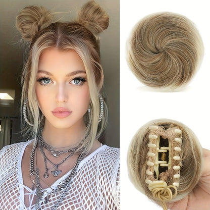 Mini Donut Bun Hairpiece with Cat Ears Claw Clip Messy Bun Synthetic Fiber Instant Updo – 2 Pcs Set for Women Girls All Hair Types Natural