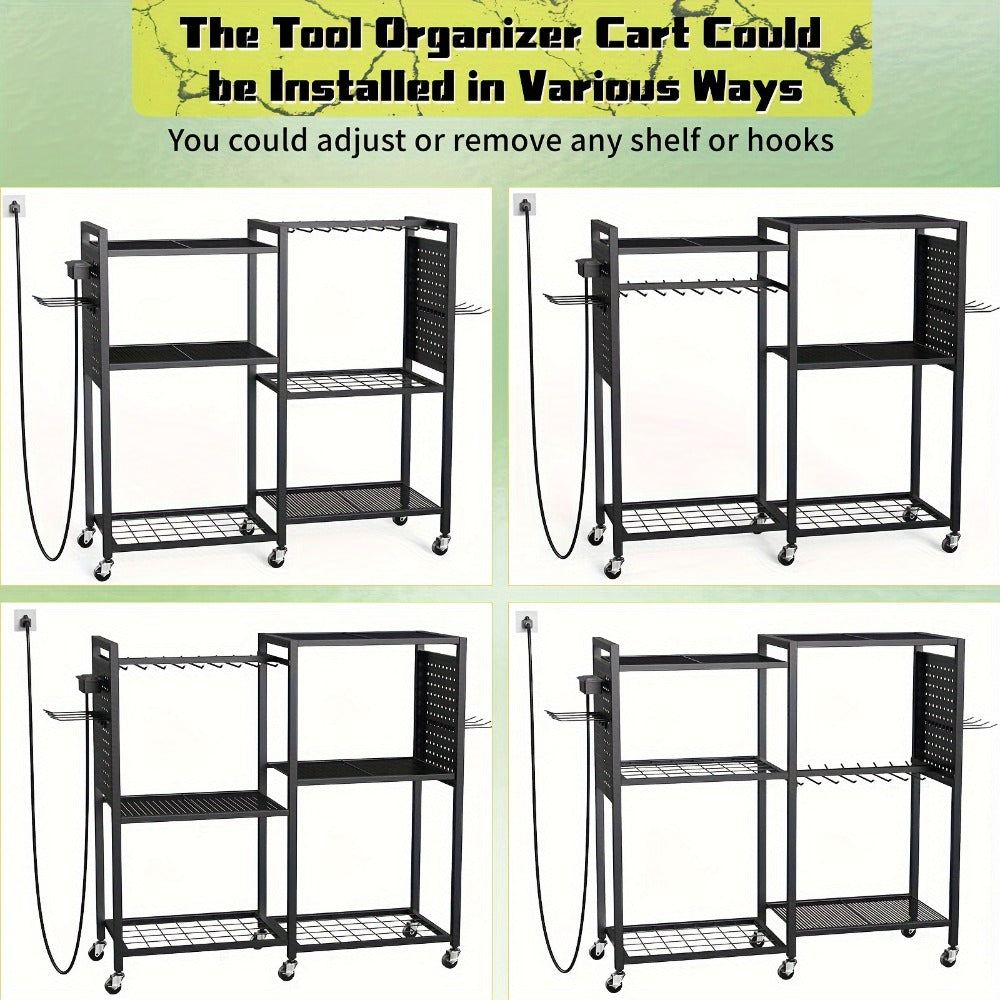 Mobile Tool Cart with Charging Station, 12 Drill Holders & 5 Storage Shelves Power Tool Organizer