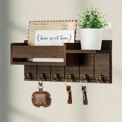 Wall Mounted Storage Rack with Mail Slot – Rustic Wood Floating Shelf with Hooks for Keys, Hats & Envelopes