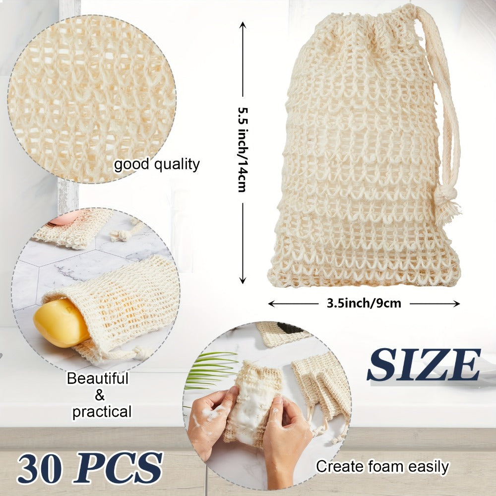 Soap Exfoliating Mesh Bag with Wooden Holder Set 60 Pcs, Natural Sisal Bath Scrubber Bags & Rectangle Wood Soap Dish for Shower