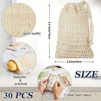 Soap Exfoliating Mesh Bag with Wooden Holder Set 60 Pcs, Natural Sisal Bath Scrubber Bags & Rectangle Wood Soap Dish for Shower