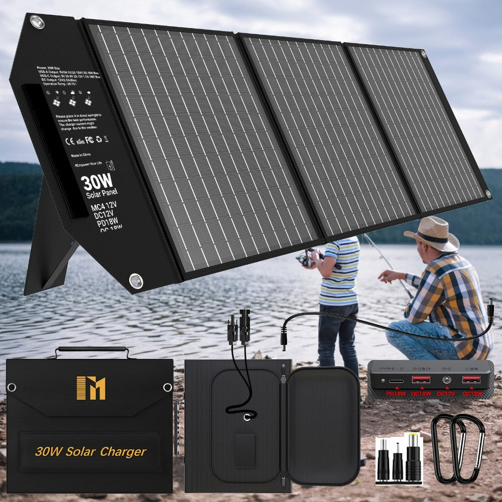 Foldable Solar Charger Panel 30W/60W/100W/200W – 18V MC4, Dual USB-A Quick Charge & USB-C PD 18W, Portable Solar Panel for Camping, RV