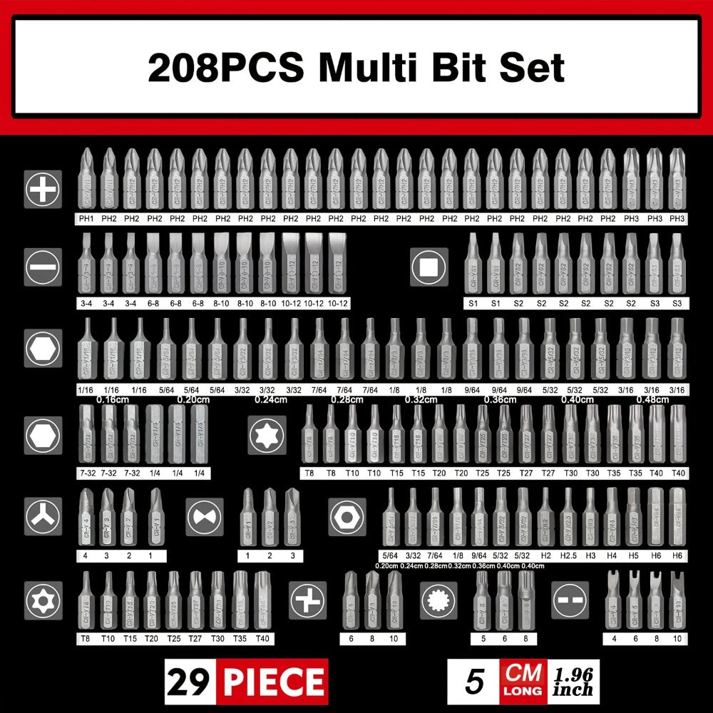 208-Piece Screwdriver Bit Set Impact Driver Kit – S2 Steel Torx Phillips Square Hex Nut Driver with Toolbox for Drill Power Tool DIY Auto
