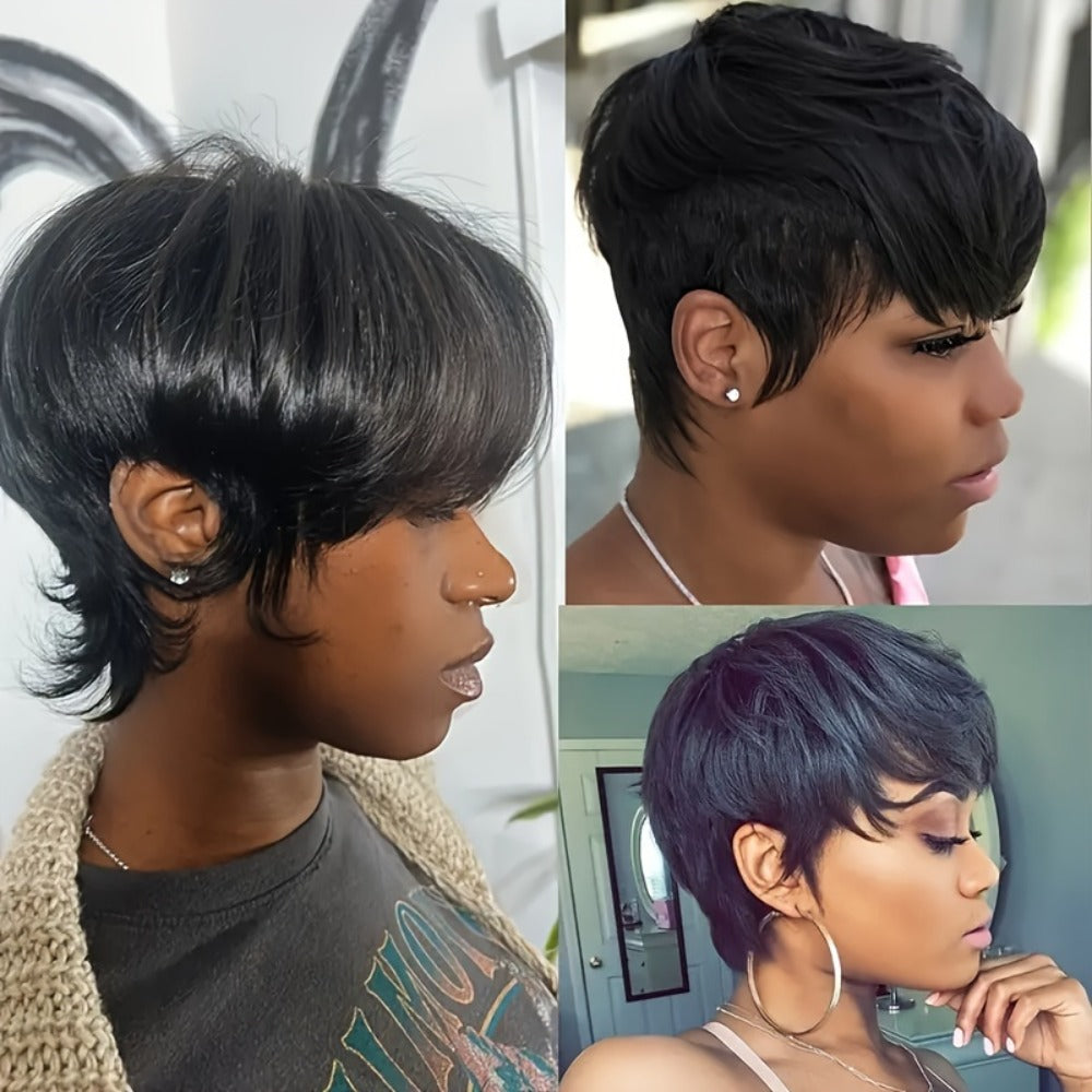 Straight Pixie Human Hair Wig with Bangs, Black 6-Inch Length and Approximately 22.5-Inch Cap