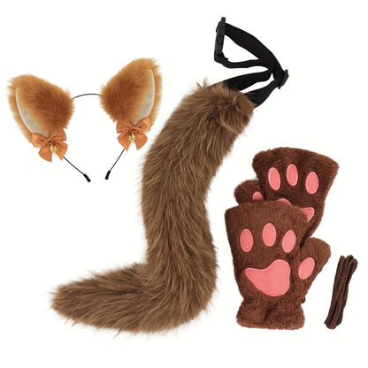 Cat Costume Set 3 Piece, Bell Ear Headband, Plush Paw Gloves & Adjustable Tail for Halloween, Cosplay