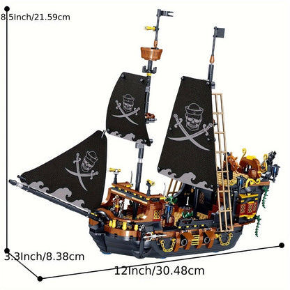 1282-Piece Pirate Ship Building Block Model with Black Sails, MY051 Checkout Code and Pictured 30.48 cm Length