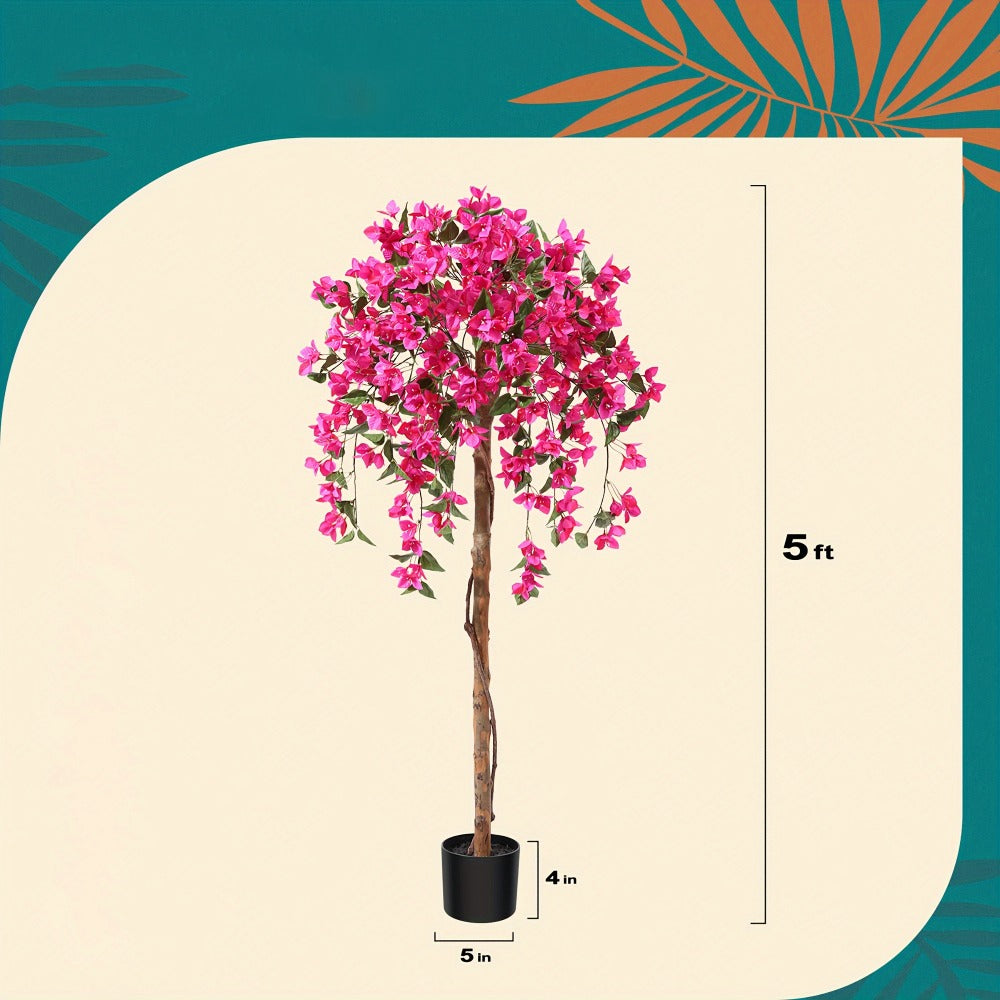 Artificial Bougainvillea Tree, 5-Foot Pink Flowering Plant with Wood-Look Trunk and Black Base Pot