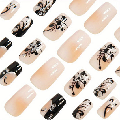 Press On Nails 48-Piece Medium Square Black and White Matte French Tip Butterfly Full-Cover Set