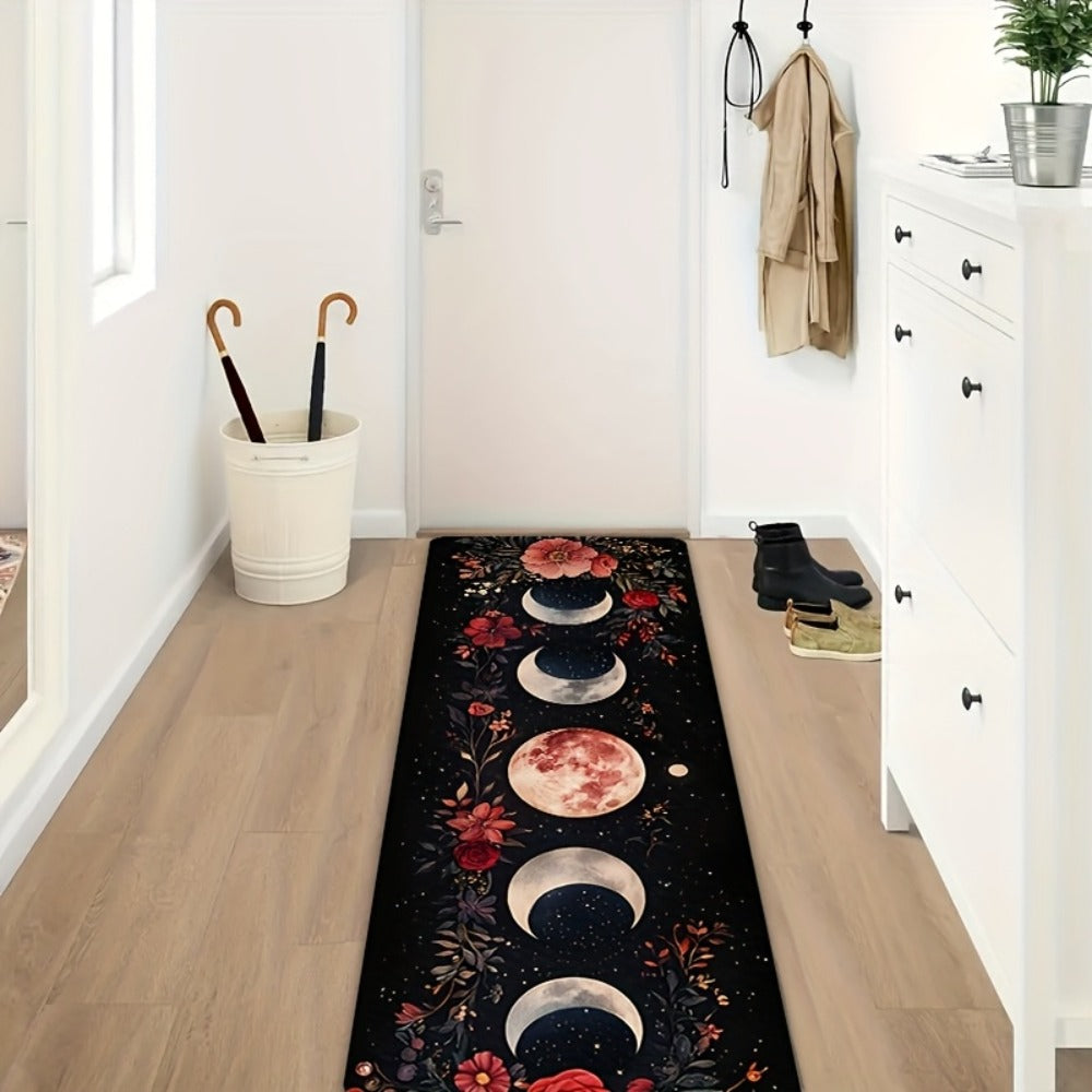 Area Rug Bohemian Moon Phase Floral Runner in Two Machine-Washable Sizes for Kitchen or Hallway