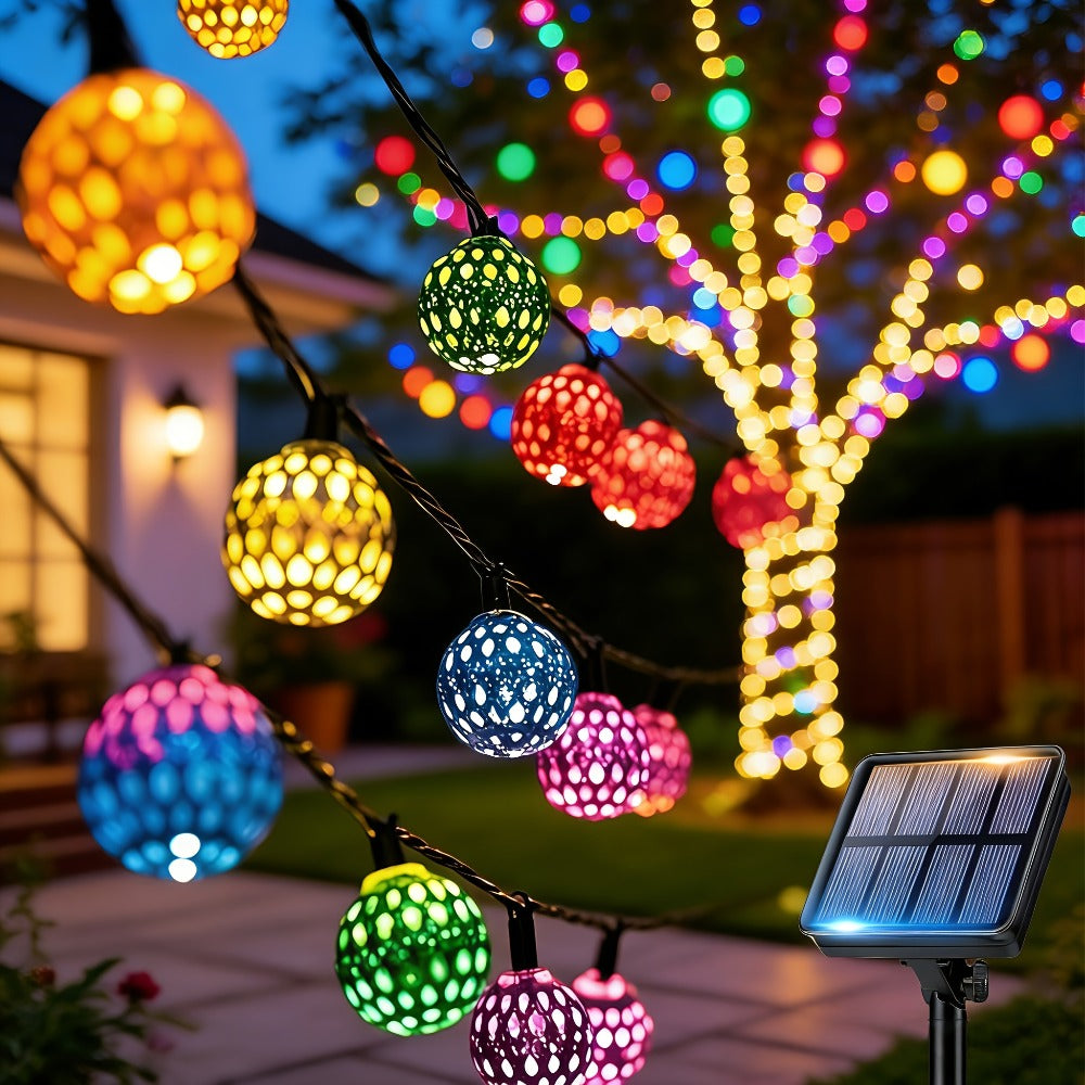 Moroccan Solar String Lights Outdoor – Metal Sphere Fairy Lights with 20/30/50 LED Beads, 8 Modes