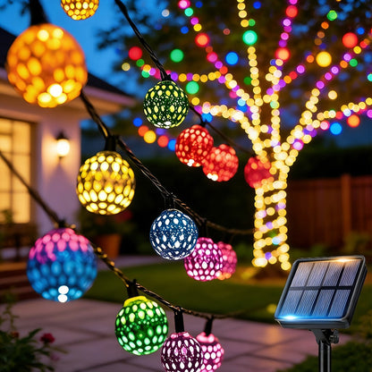 Moroccan Solar String Lights Outdoor – Metal Sphere Fairy Lights with 20/30/50 LED Beads, 8 Modes