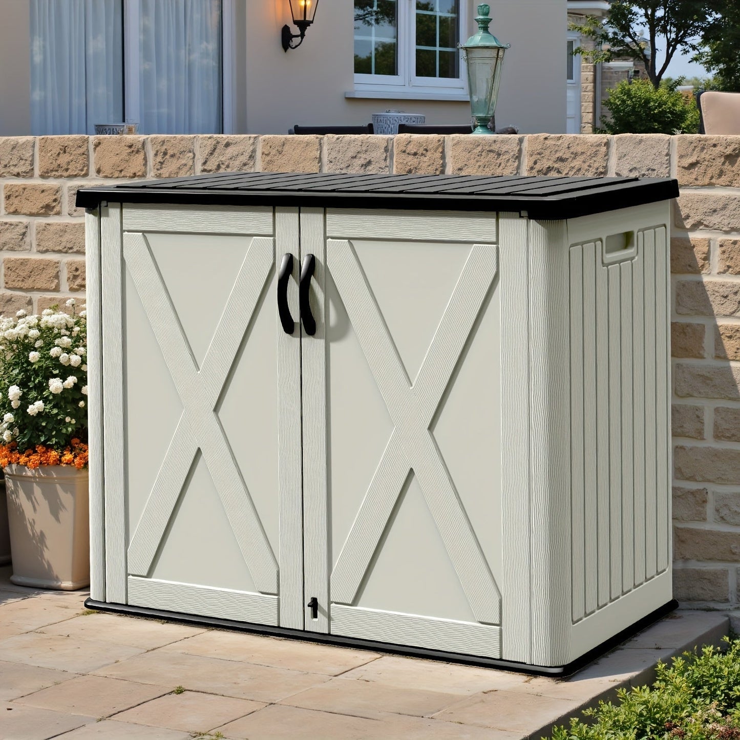 Resin Deck Box Lockable Outdoor Storage, for Garden, Patio and Yard Use, with the Listed Configuration