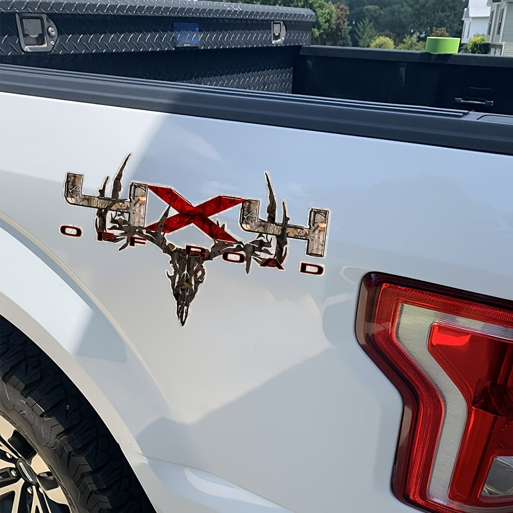 Two-Piece Hunting Skull Truck Decal Set with Antlers, Crossed Arrows and Red Center Accent