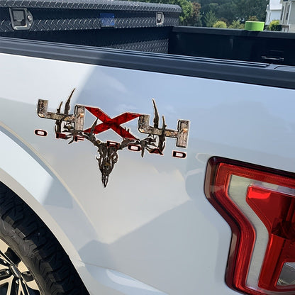Two-Piece Hunting Skull Truck Decal Set with Antlers, Crossed Arrows and Red Center Accent